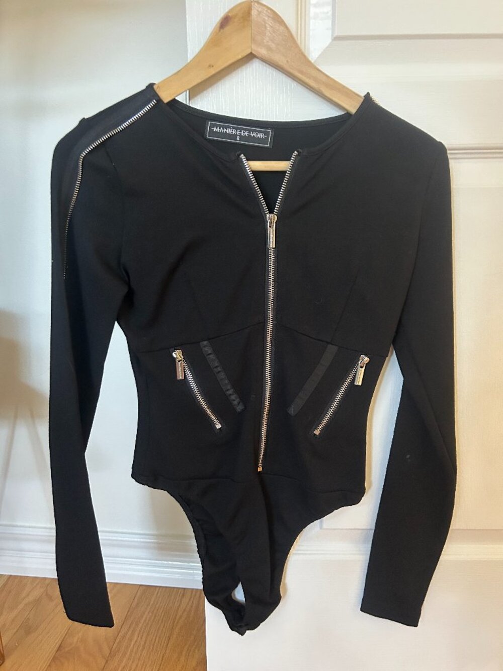 Maniere De Voir Black Zip Up Body Suit in Size Small
